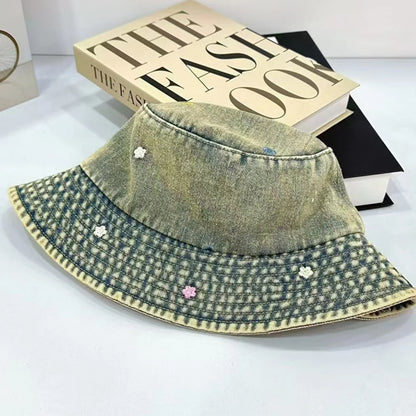 Korean Four Season Denim Flower Embroidered Bucket Hat