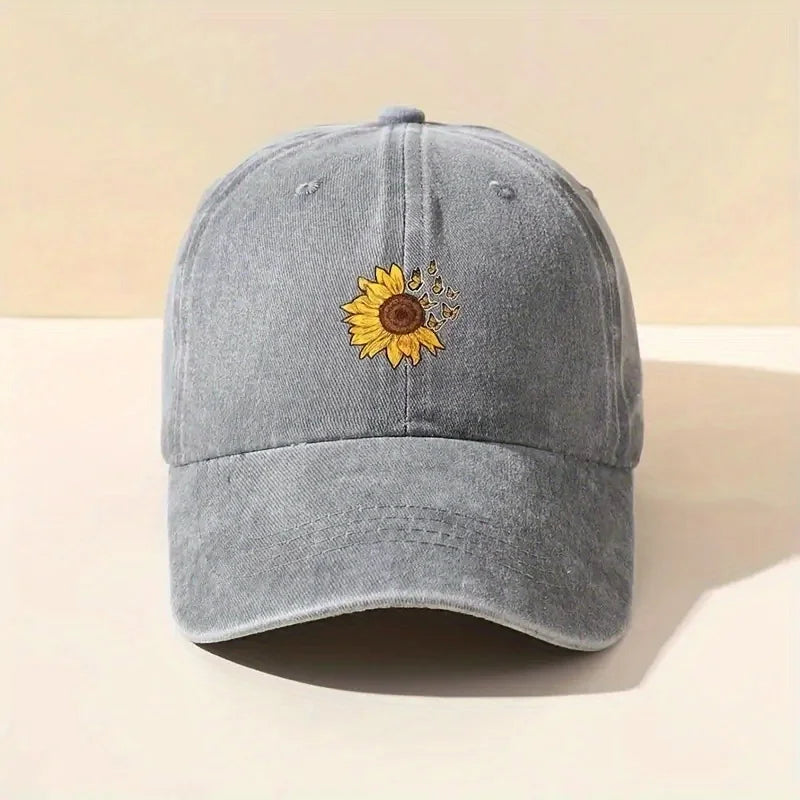 Sunflower Print Retro Washed Baseball Cap