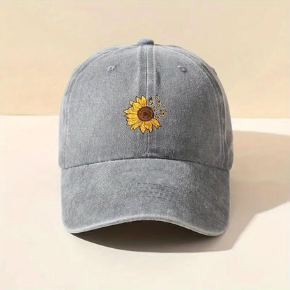 Sunflower Print Retro Washed Baseball Cap