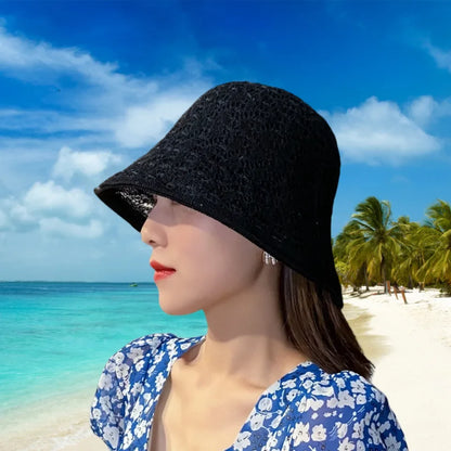 Summer Women Breathable Wide Brim Straw Bucket Hat