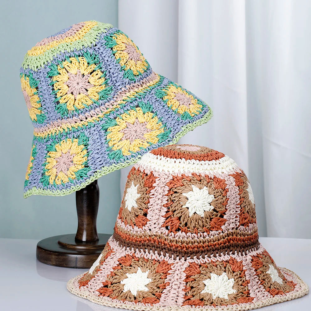 Womens Crochet Straw Foldable Summer Bucket Hat