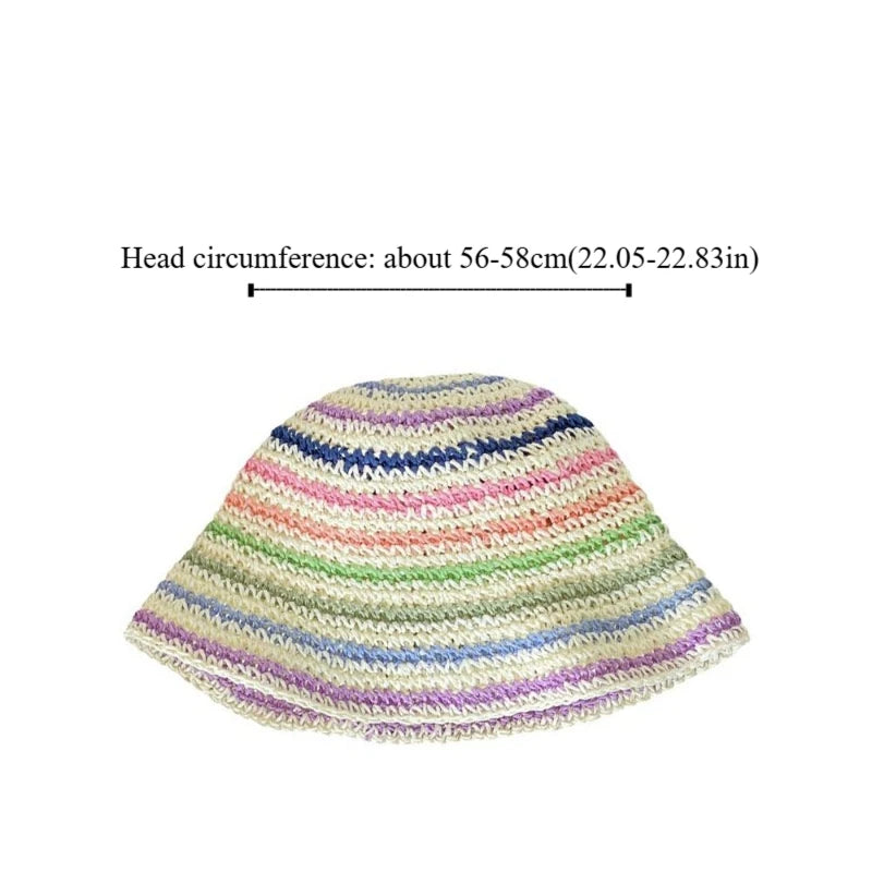 Womens Striped Rainbow Straw Summer Bucket Hat