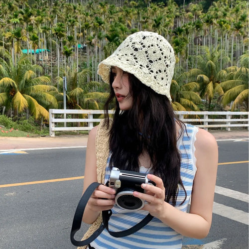 Cute Beige Hollow Knit Crochet Bucket Hat
