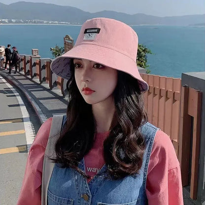 Reversible Korean Letter Print Summer Women Bucket Hat