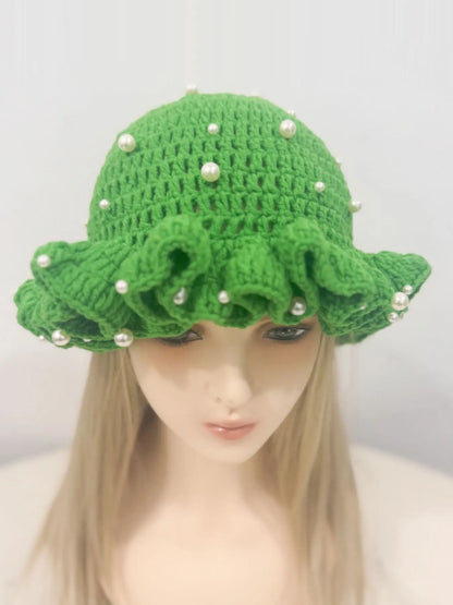 Women’s Pearl Ruffled Crochet Knit Bucket Hat