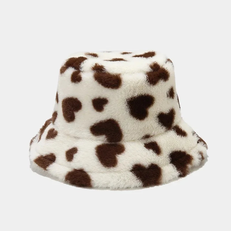 Women’s Heart Print Faux Fur Bucket Hat