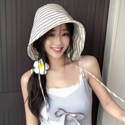 Large Brim Foldable Korean Striped Bucket Hat