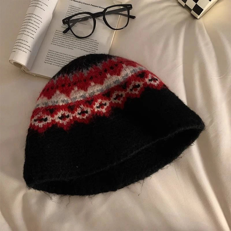 Retro Jacquard Knitted Korean Warm Women Bucket Hat
