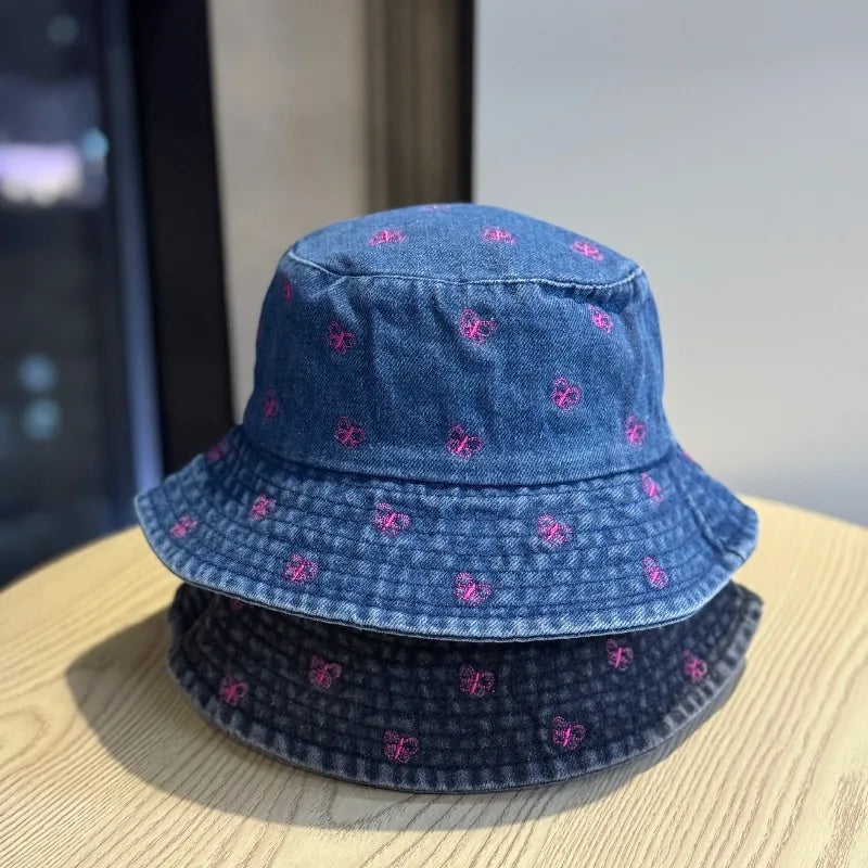 Butterfly Embroidery Denim Summer Fisherman Bucket Hat