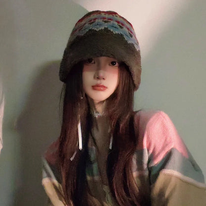 Retro Jacquard Knitted Korean Warm Bucket Hat