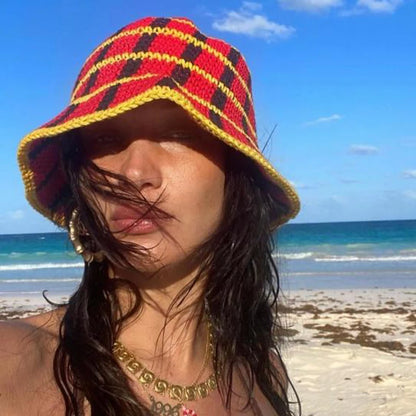 Japanese Korean Color Contrast Plaid Bucket Hat