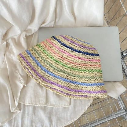 Womens Striped Rainbow Straw Summer Bucket Hat
