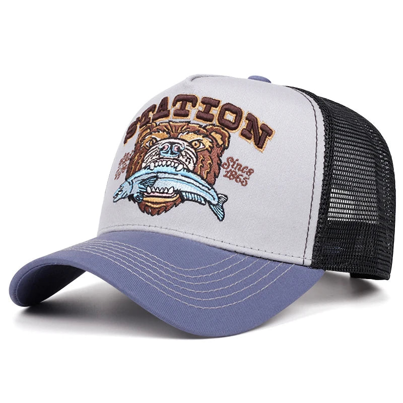 Bear Eating Fish Mesh Hip Hop Baseball Cap