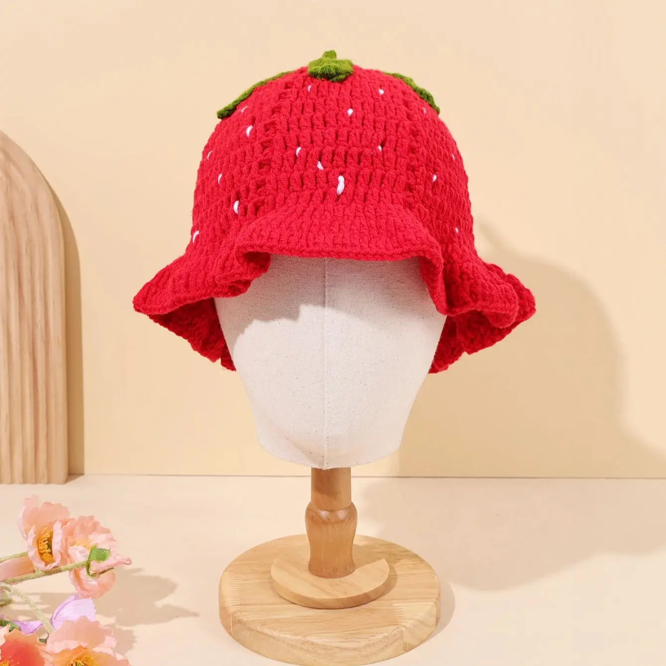 Red Strawberry Crochet Ruffle Bucket Hat