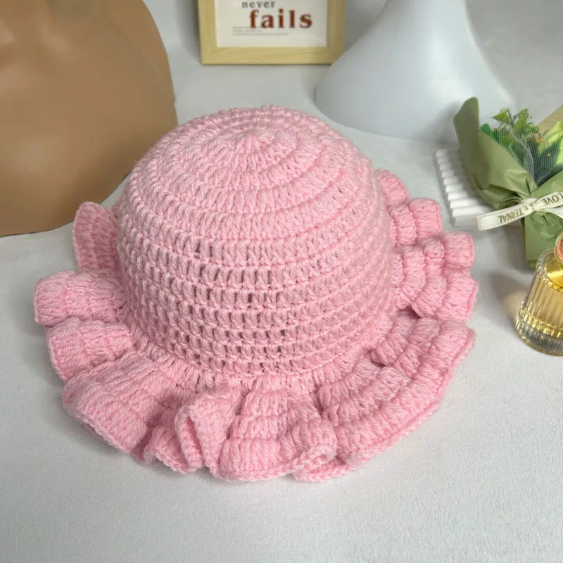 Womens Acrylic Knitted Wide Brim Bucket Hat