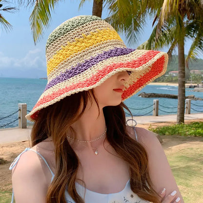 Rainbow Crochet Straw Summer Bucket Hat