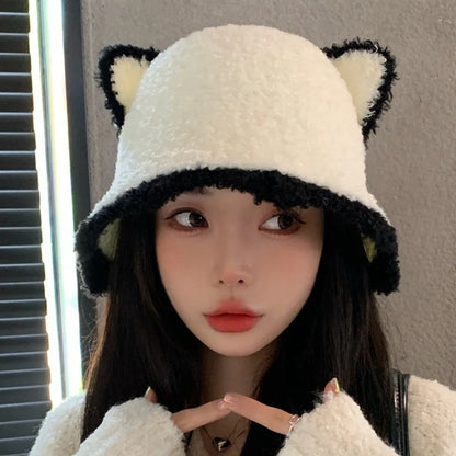 Plush Knit Cat Ears Bucket Hat