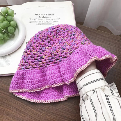 Graceful Lace Colorful Hook Flower Plush Bucket Hat