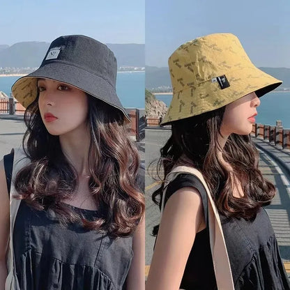 Reversible Korean Letter Print Summer Women Bucket Hat