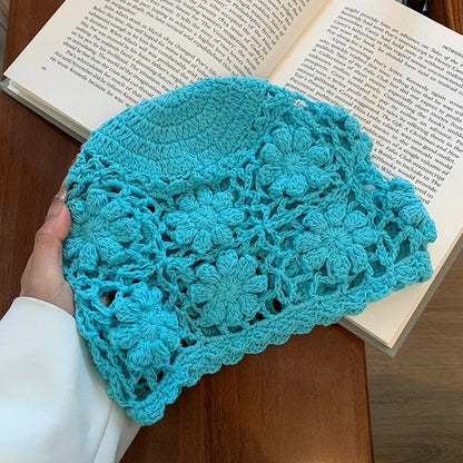 Sweet Y2K Crochet Flower Knit Bucket Hat