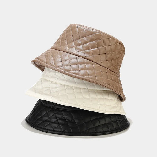 Korean PU Leather Check Winter Bucket Hat