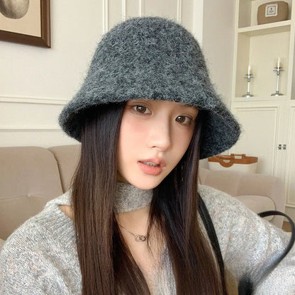 Winter Wool Solid Bucket Hat for Women