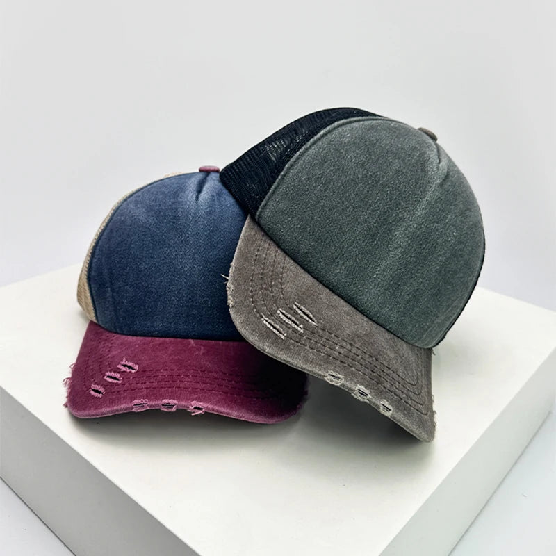 Color Block Distressed Mesh Trucker Baseball Cap