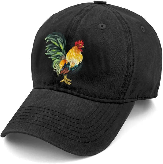Unisex Rooster Embroidery Washed Denim Baseball Cap