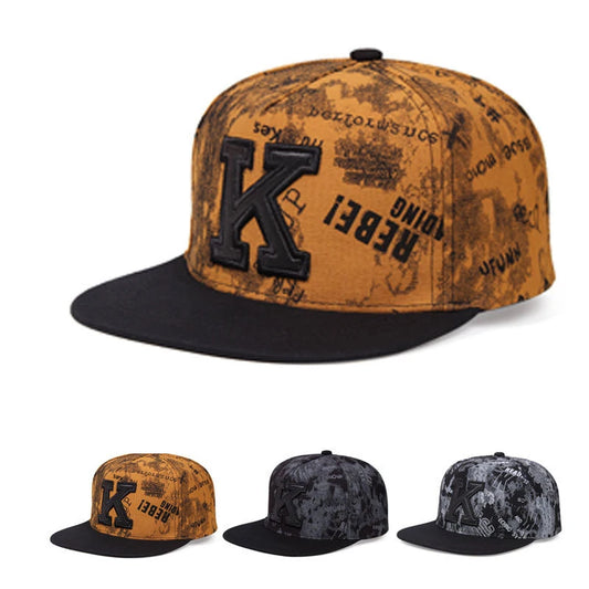 Unisex Letter K 3D Embroidery Flat Brim Hip Hop Baseball Cap