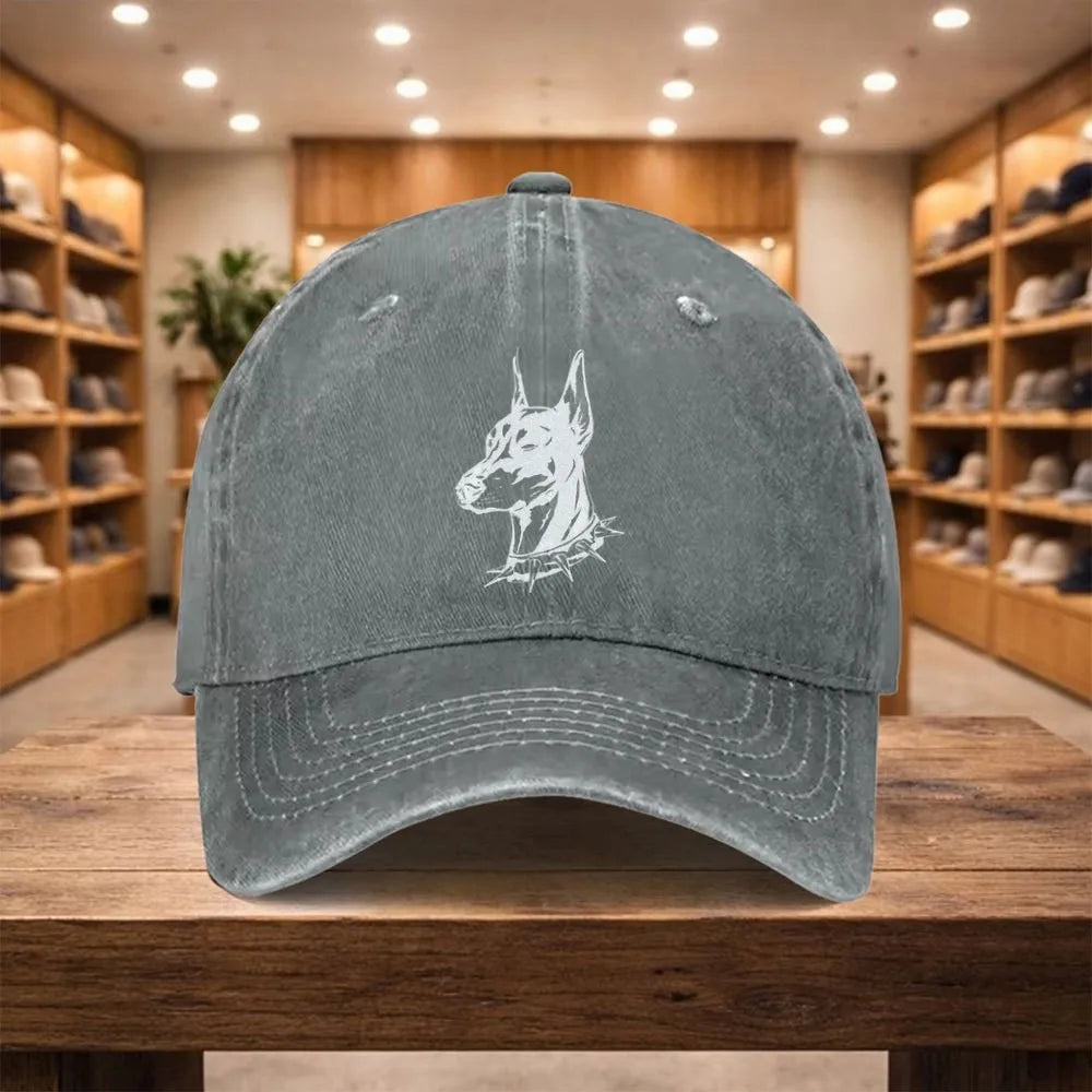 Doberman Printed Washed Denim Adjustable Baseball Cap