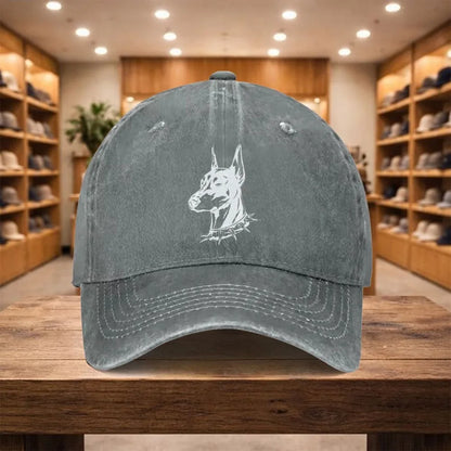 Doberman Printed Washed Denim Adjustable Baseball Cap