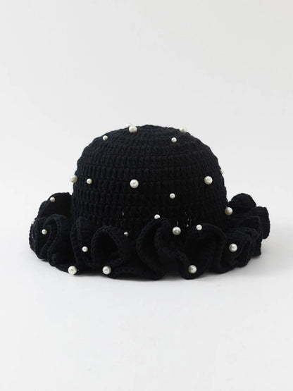 Women’s Pearl Ruffled Crochet Knit Bucket Hat