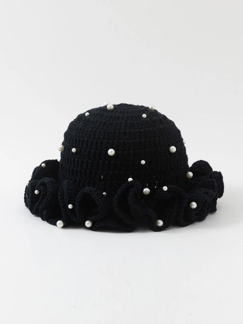 Women’s Pearl Ruffled Crochet Knit Bucket Hat