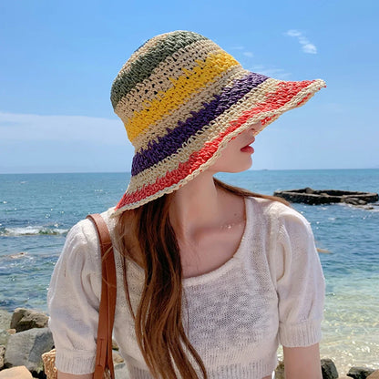 Rainbow Crochet Straw Summer Bucket Hat