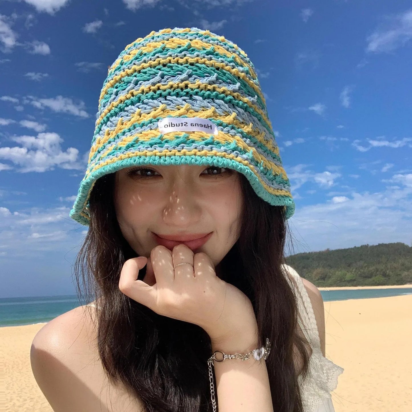 Womens Korean Knitted Stripe Hollow Bucket Hat