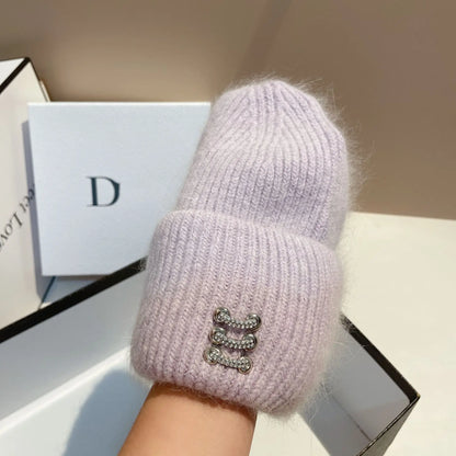Trendy Ring Buckle Detail Rabbit Hair Knitted Hat