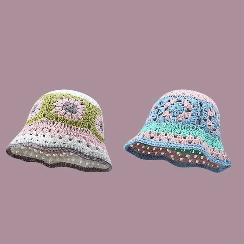 Knit Flower Breathable Multicolor Wide Brim Bucket Hat