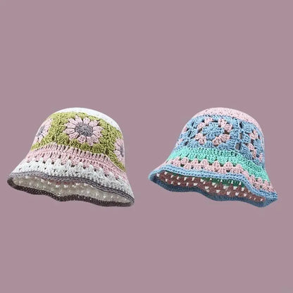 Knit Flower Breathable Multicolor Wide Brim Bucket Hat