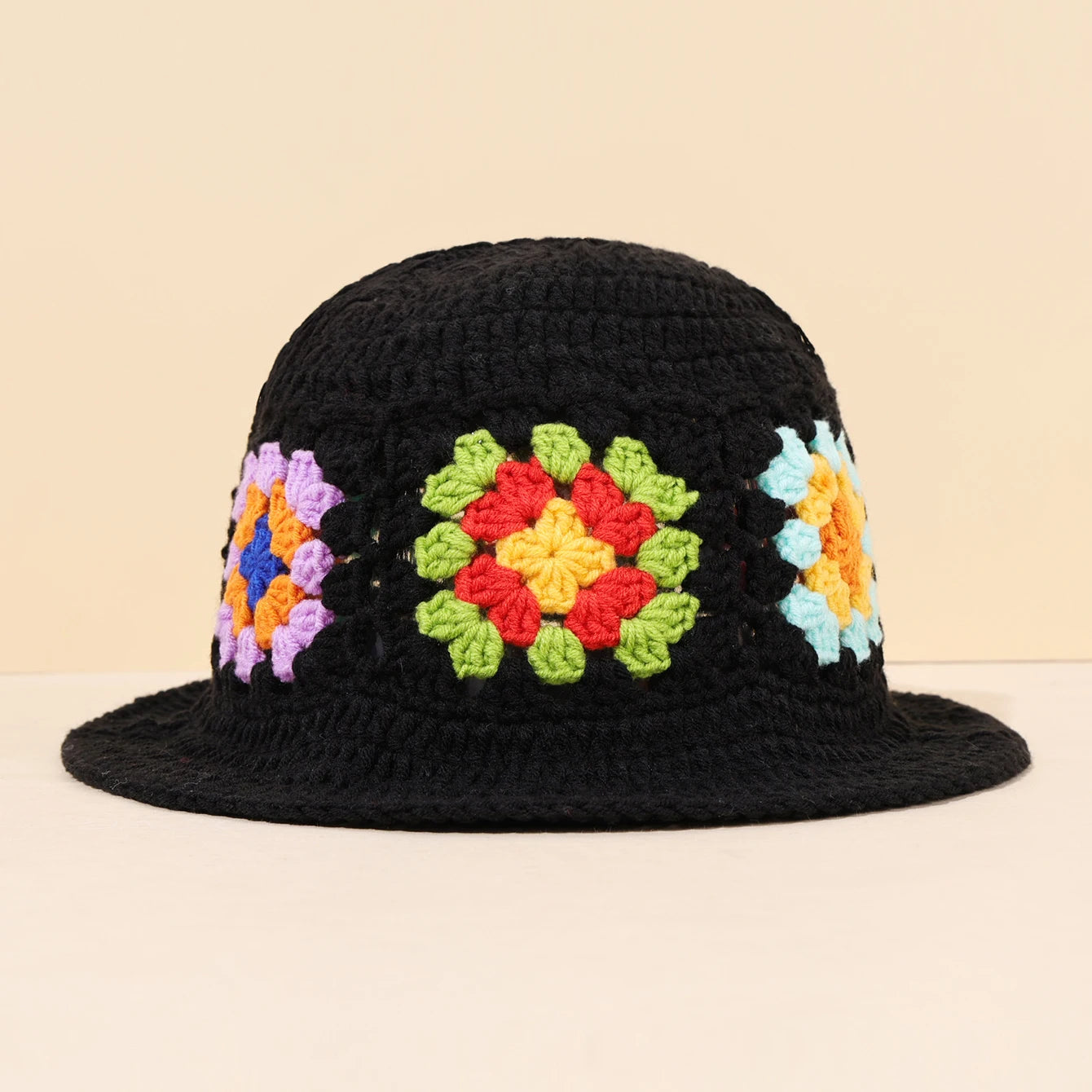Colorful Floral Patchwork Black Crochet Bucket Hat