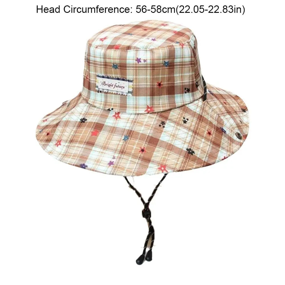 Portable Plaid Wide Brim Adjustable Sun Protection Bucket Hat
