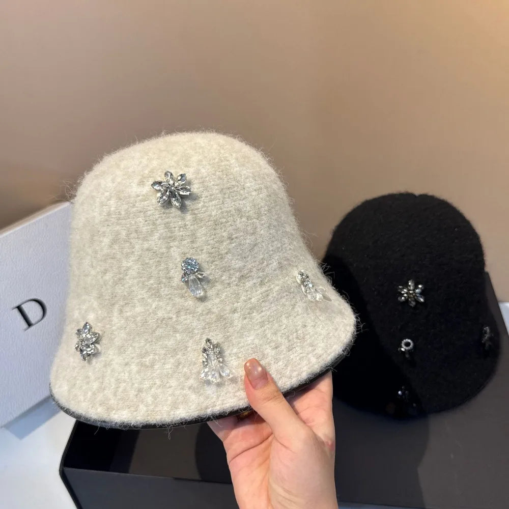 Korean Woolen Winter Bucket Hat with Rhinestone
