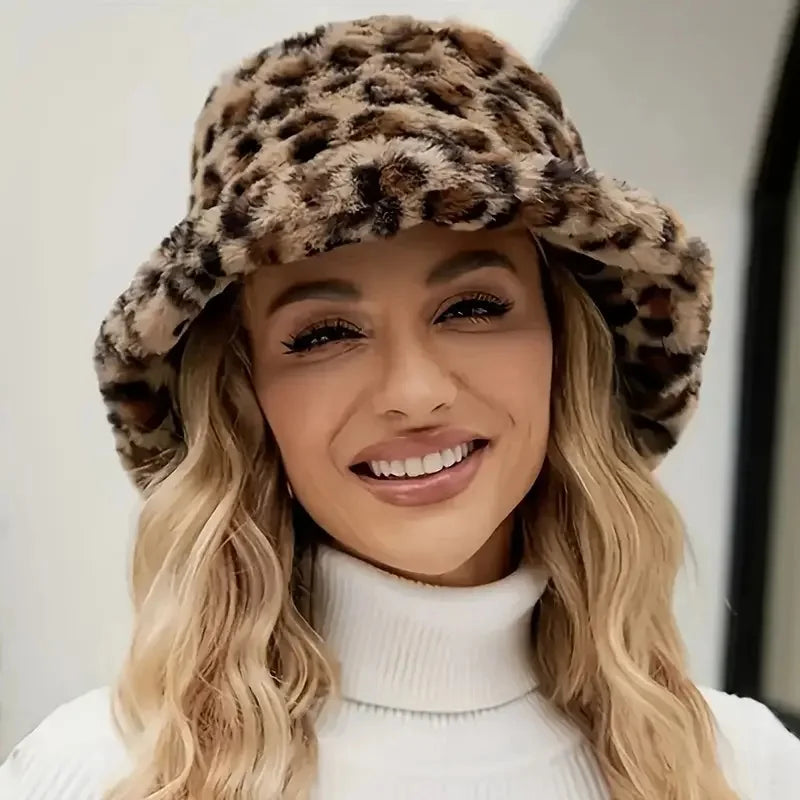 Leopard Print Fleece Bucket Hat Vintage Warm Style