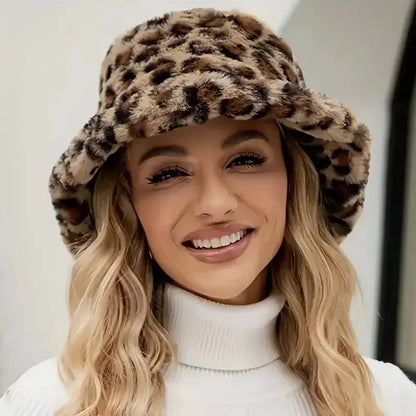 Leopard Print Fleece Bucket Hat Vintage Warm Style