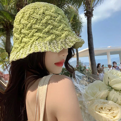 Hollow Woven Japanese Style Breathable Women Bucket Hat