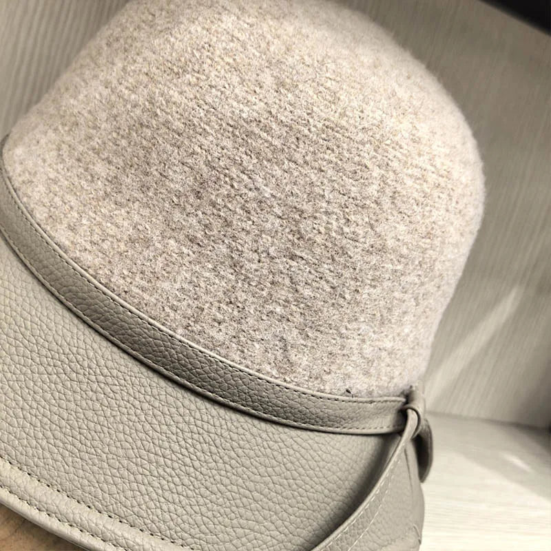 PU Leather Patchwork Wool Bucket Hat
