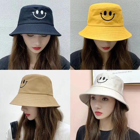 Double Sided Happy Face Embroidery Korean Bucket Hat