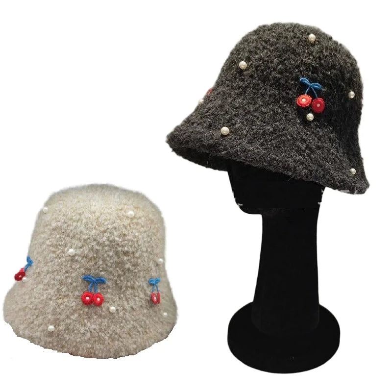 Pearl Cherry Lamb Wool Winter Bucket Hat