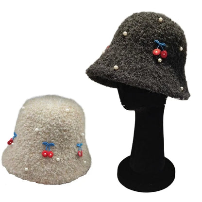 Pearl Cherry Lamb Wool Winter Bucket Hat