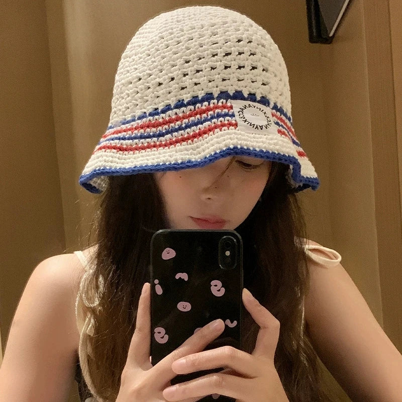 Korean Striped Breathable Summer Knitted Bucket Hat