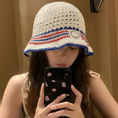 Korean Striped Breathable Summer Knitted Bucket Hat